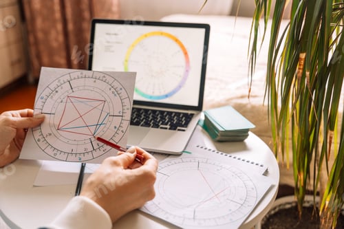 Preview: An astrologer draws with a pencil on a natal chart