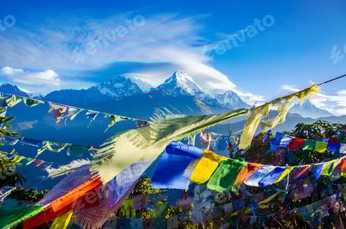Preview: Colorful Prayer Flags with Snow Capped Mountain