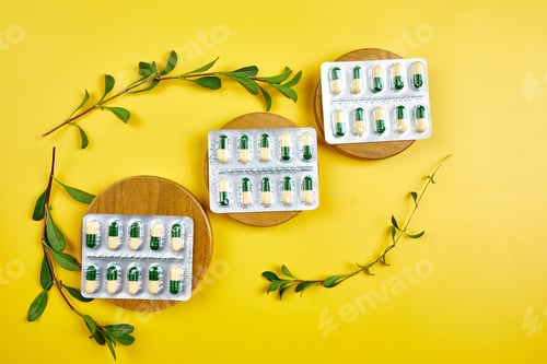 Preview: Flat lay Organic medical pills, capsules in blisters with green leaf, herbal plant