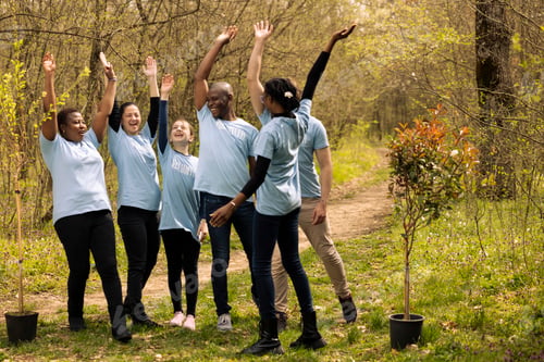 Preview: Diverse team of activists uniting hands in celebration after successful mission