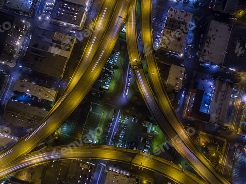 Preview: Tron looking drone shot of highway looking straight down at night over Portland Oregon USA.