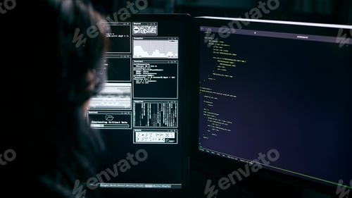 Preview: Over The Shoulder Shot Of Female Computer Hacker In Front Of Screens Breaching Cyber Security