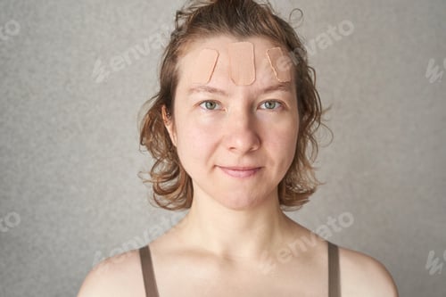 Preview: Caucasian female adult with acne patches on forehead smiling at camera
