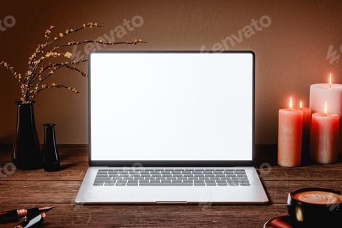 Preview: Front view laptop mock up with blank white screen on wooden rustic desk