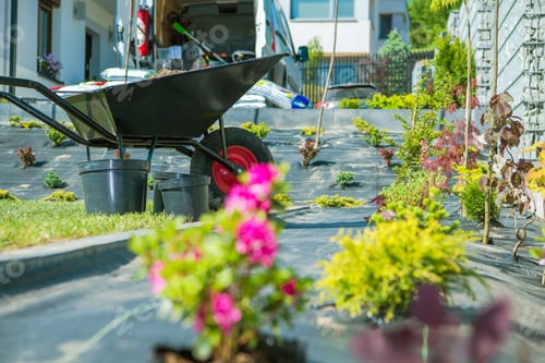 Preview: Wheelbarrow Standing in the Garden in the Backyard in Front of the Gardener’s Van
