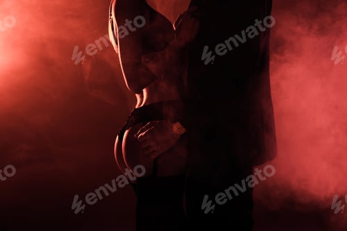 Preview: Partial view of attractive seductive couple in hug on red smoke background