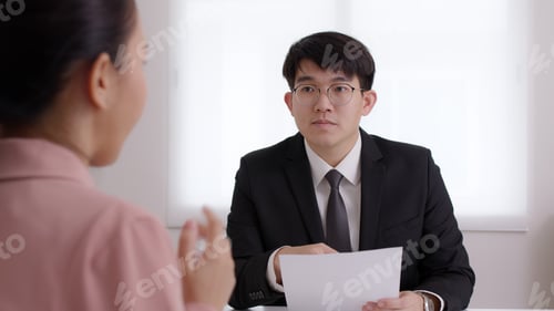 Preview: CEO man or HR boss in suit search new hire vacancy labor ask in CV career paper
