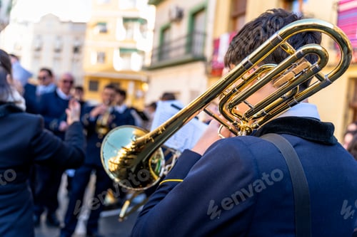 Preview: Wind instrument music band making music on the street.