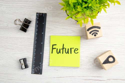 Preview: top view future note with little green plant on white background work color business job motivation