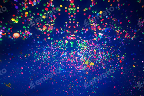 Preview: Colorful balloons flying into the blue sky at night. Holiday, festival and party background.