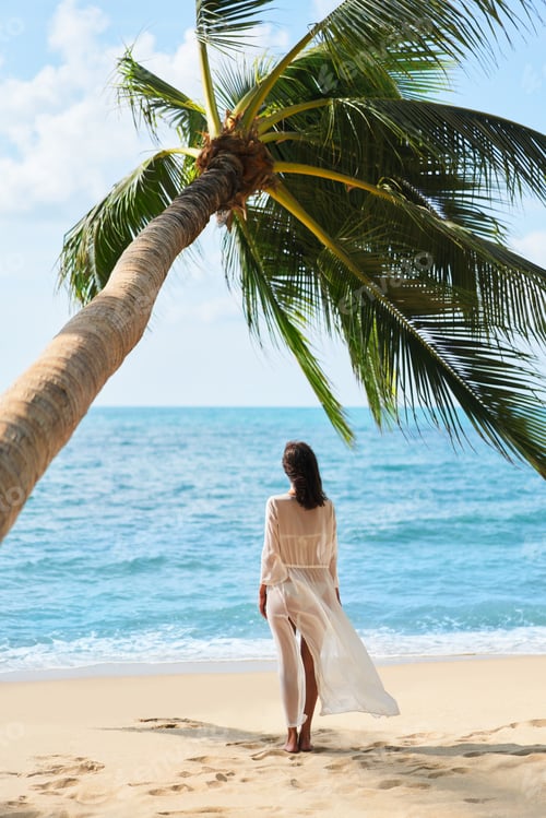 Preview: Back view of pretty young woman relax and enjoy sea standing under palm tree on tropical beach