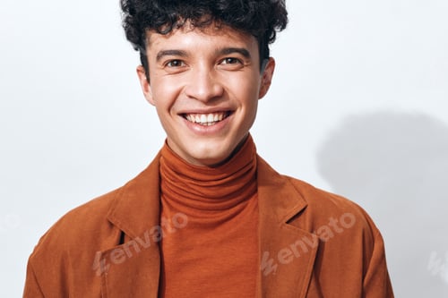 Preview: Man fashion portrait trendy head lifestyle curly beige attractive model clothes space student modern