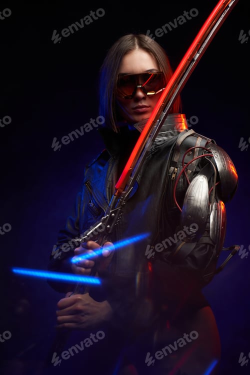Preview: Dangerous female assassin from the future posing in dark background