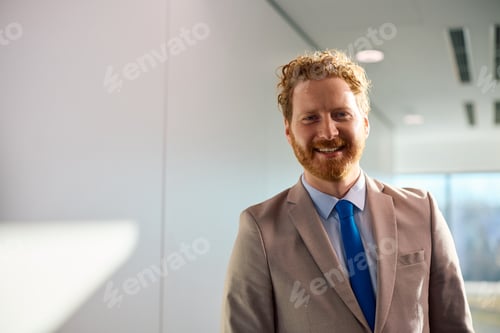 Preview: Portrait of happy redhead businessman in the office looking at camera.