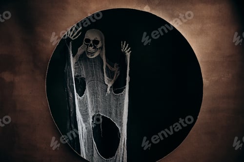 Preview: Creative Halloween skeleton on a background with copy space.