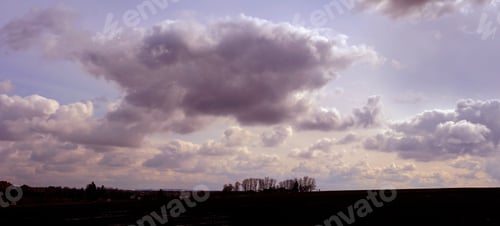 Preview: purple sky with clouds and silhouette of trees on the horizon
