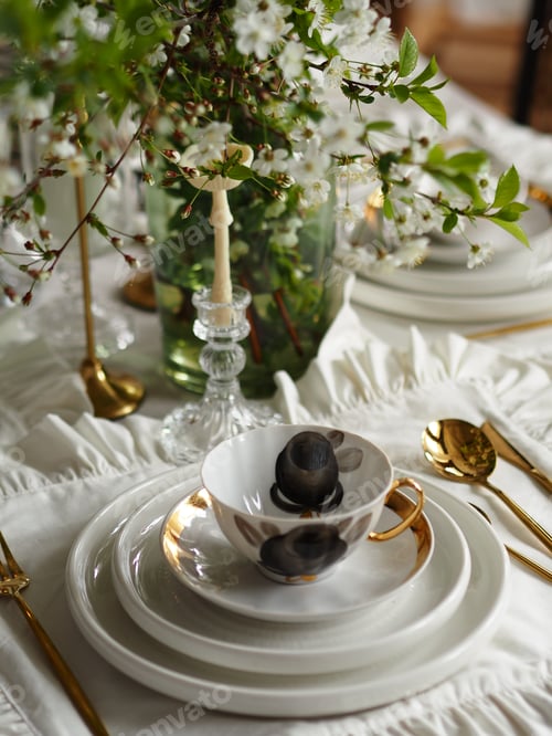 Preview: Beautiful aesthetic laid table. Decor. Dishes on the table. Spring bouquet