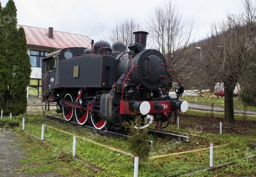 Preview: Full shot of a steam locomotive train on display in Gracac Croatia