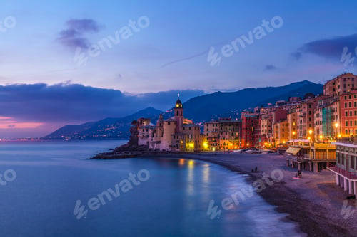Preview: View of beach and hotels at dusk, Camogli, Liguria, Italy