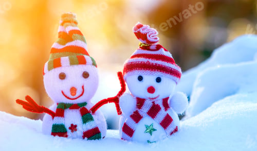 Preview: Two small funny toys baby snowman in knitted hats