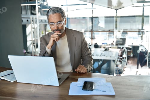 Preview: Busy older mature business man ceo executive looking at laptop in office.