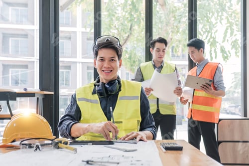 Preview: Civil engineer teams meeting working together wear worker helmets hardhat on construction site in