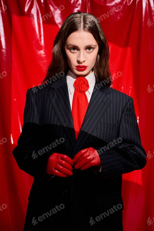 Preview: Dressed in bold style, young woman captures attention with striking red and black ensemble