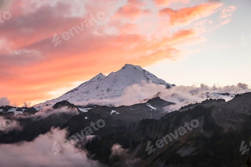 Preview: Clouds on snow covered mountains, Mount Baker, Washington, USA