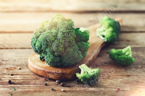 Preview: Fresh organic broccoli on wooden table close up with copyspace