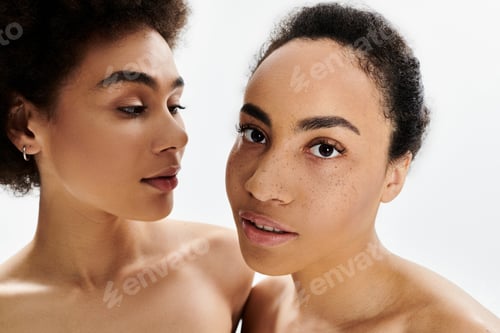 Preview: Captivating dual portrait of two women with natural beauty and expressive features in soft lighting
