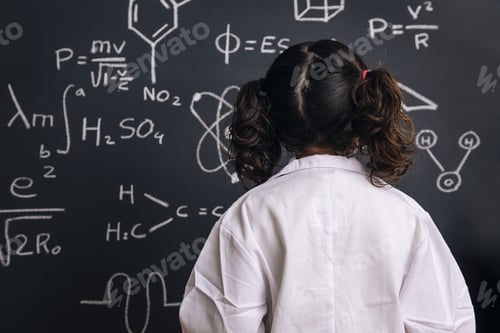 Preview: back of a little girl science student in lab coat