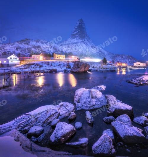 Preview: Fishing village Reine at night, Lofoten islands, Norway