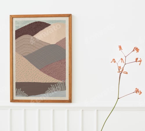 Preview: Wooden photo frame mockup hanging on a white wall illustration