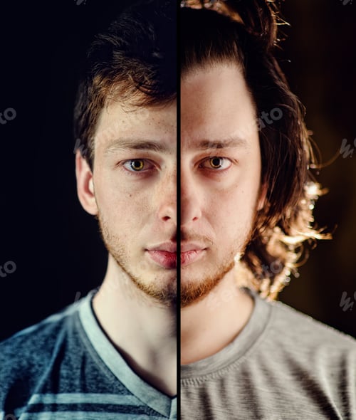 Preview: Portrait of a man after time. Half of faces