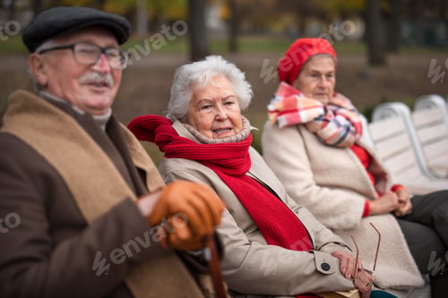 Preview: Group of happy senior friends sitting on bench in town park in autumn, looking at camera
