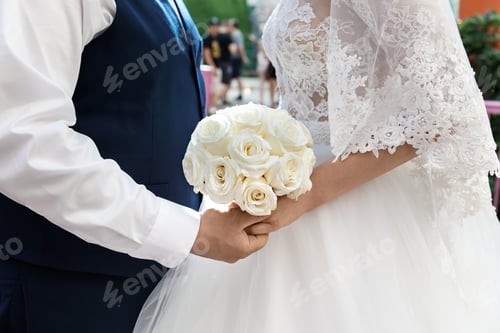 Preview: ☀️ NOMINATED!!! ☀️ Bride With White Bouquet And Groom Holding Hands On Wedding Day