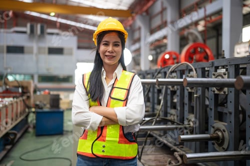 Preview: Portrait of female engineer working in modern industrial factory.