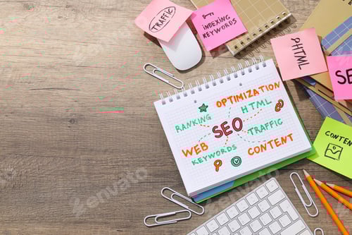 Preview: Notepad with diagram, stationery and keyboard on wooden background, space for text