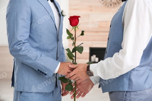 Preview: Happy newlywed gay couple with flower at home, closeup