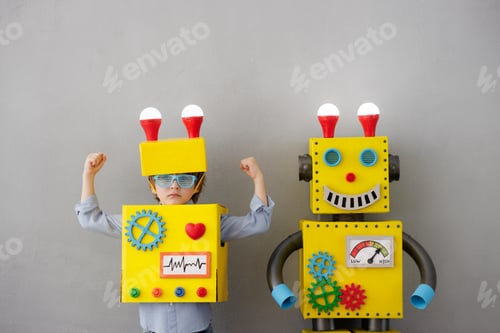 Preview: Happy child with robot have an idea