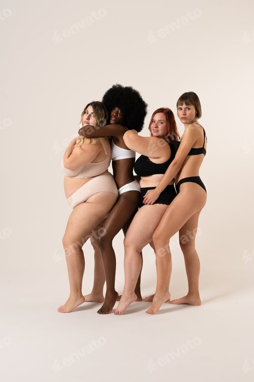 Preview: Four diverse and strong women of different nationalities and body types confidently pose in lingerie