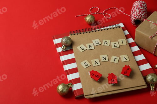 Preview: Secret Santa and Christmas composition on red background