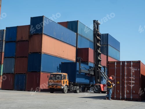 Vista previa: container crane loading truck box blue cargo business container commercial delivery dock box economy