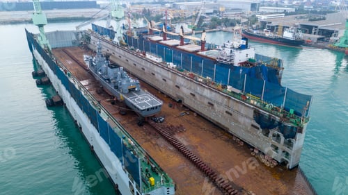 Preview: war ship maintenance in dry dock shop. War Ship floating on dry dock. Military navy ship get