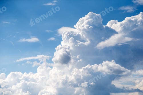 Preview: Blue summer sky with puffy clouds, peace and meditation concept
