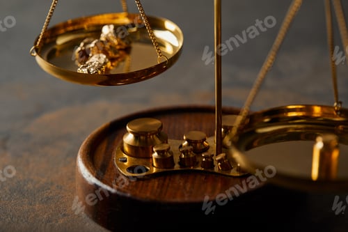 Preview: vintage scales with golden stones on textured marble background