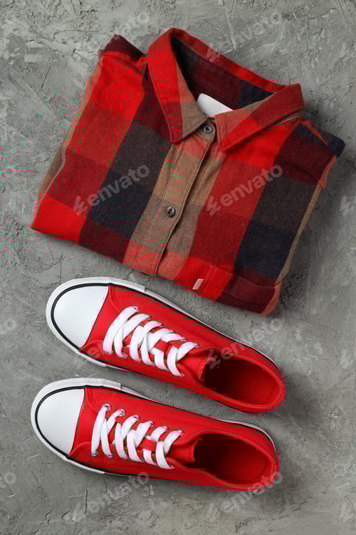 Preview: Red Plaid Shirt and Shoes on Gray Background