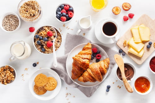 Preview: healthy breakfast with granola, berry, nuts, croissant, jam, cho