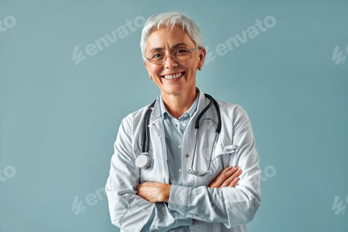 Preview: A female employee of a medical clinic poses on a blue background. Health care.