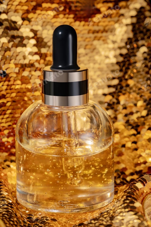 Preview: 24k gold serum in bottle dropper on golden sequins backdrop. Premium quality cosmetic